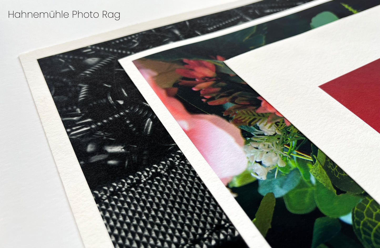 Close up flat lay of Hahnemuhle Photo Rag. It includes three prints laying on top of each other to showcase the smooth texture of the paper and the contrasting tones of black and vibrant colors like green and pink.